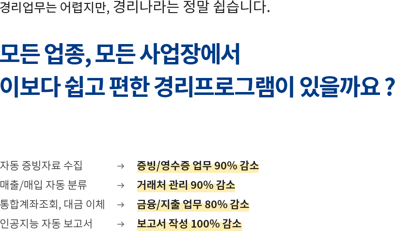 모든 업종, 모든 사업장에서 이보다 쉽고 편한 경리프로그램이 있을까요?